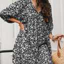 Dokotoo Womens Summer Dresses 2025 Boho Floral Drawstring V Neck Chiffon Lantern Sleeve Beach Vacation Mini Dress Sundress (Black, S)