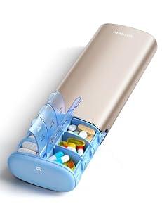 Vaydeer Metal 7 Day Pill Organizer 2 Times a Day – AM PM Weekly Travel Pill Case with Moisture-Proof Desiccant, Airtight Large Capacity Pill Box for Vitamins, Medications & Supplements (Champagne)