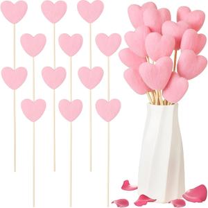 12 Pcs Valentines Day Heart Picks Felt Valentines Picks Galentines Bouquet Heart Flower Felt Stick Use As Gift Artificial Bouquet Centerpiece Vase Filler Cake Topper DIY Crafting(Pink)