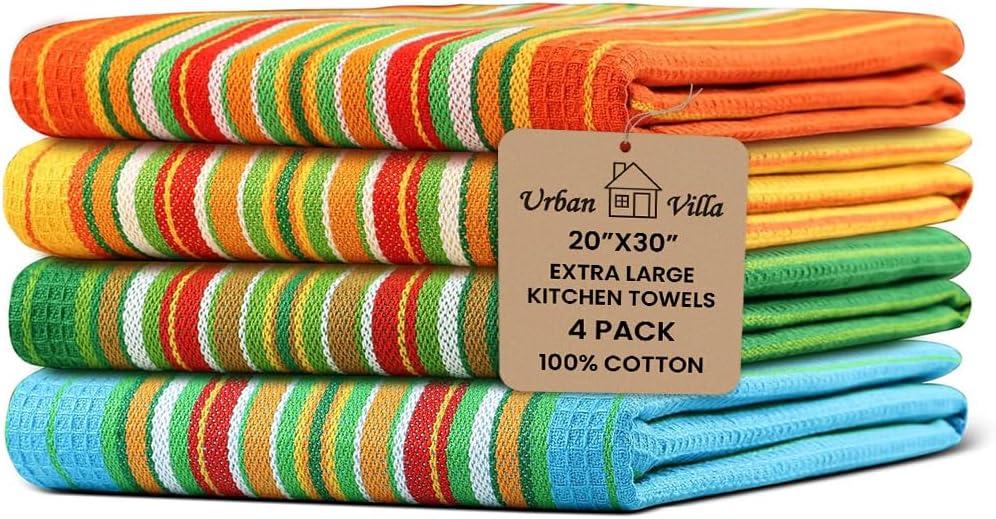 Urban Villa Kitchen Towels 100% Cotton Dish Towels for Kitchen(Set of 4)20x30 Dish Cloths Highly Absorbent Kitchen Linen Set with Hanging Loop Perfect for Drying Dishes Cleaning Towels -Multi Color (002 Multicolor - Stripes)