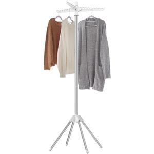 SONGMICS Clothes Drying Rack, 59-Inch Folding Laundry Drying Rack with 3 Rotatable Arms for Hangers, 4 Legs, Stainless Steel, for 27 Pieces of Clothes, White and Silver ULLR510W01