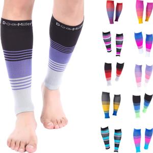 Doc Miller Compression Calf Sleeve for Men & Women, Medical Grade, 20-30mmHg Graduated Support for Running, Calf Tear, Shin Splints, Knee High, Calf Sleeves, Stripes Design, Extra Large Size,1 Pair (Black.Purple.Gray)