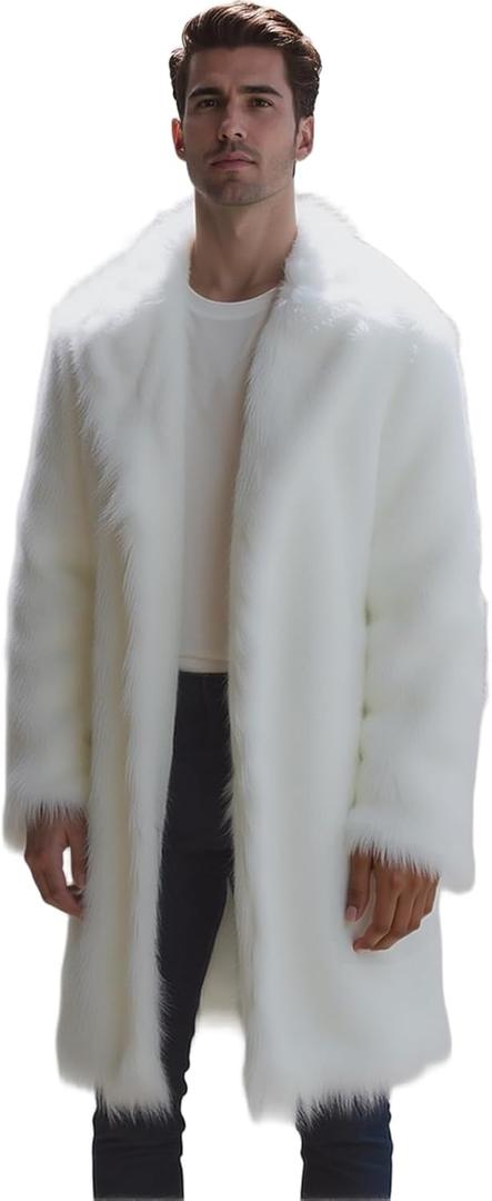 Colf Men's Winter Long Sleeve Turn Collar Faux Fur Coat Outwear Long Parka Jacket Overcoat (Large, White)