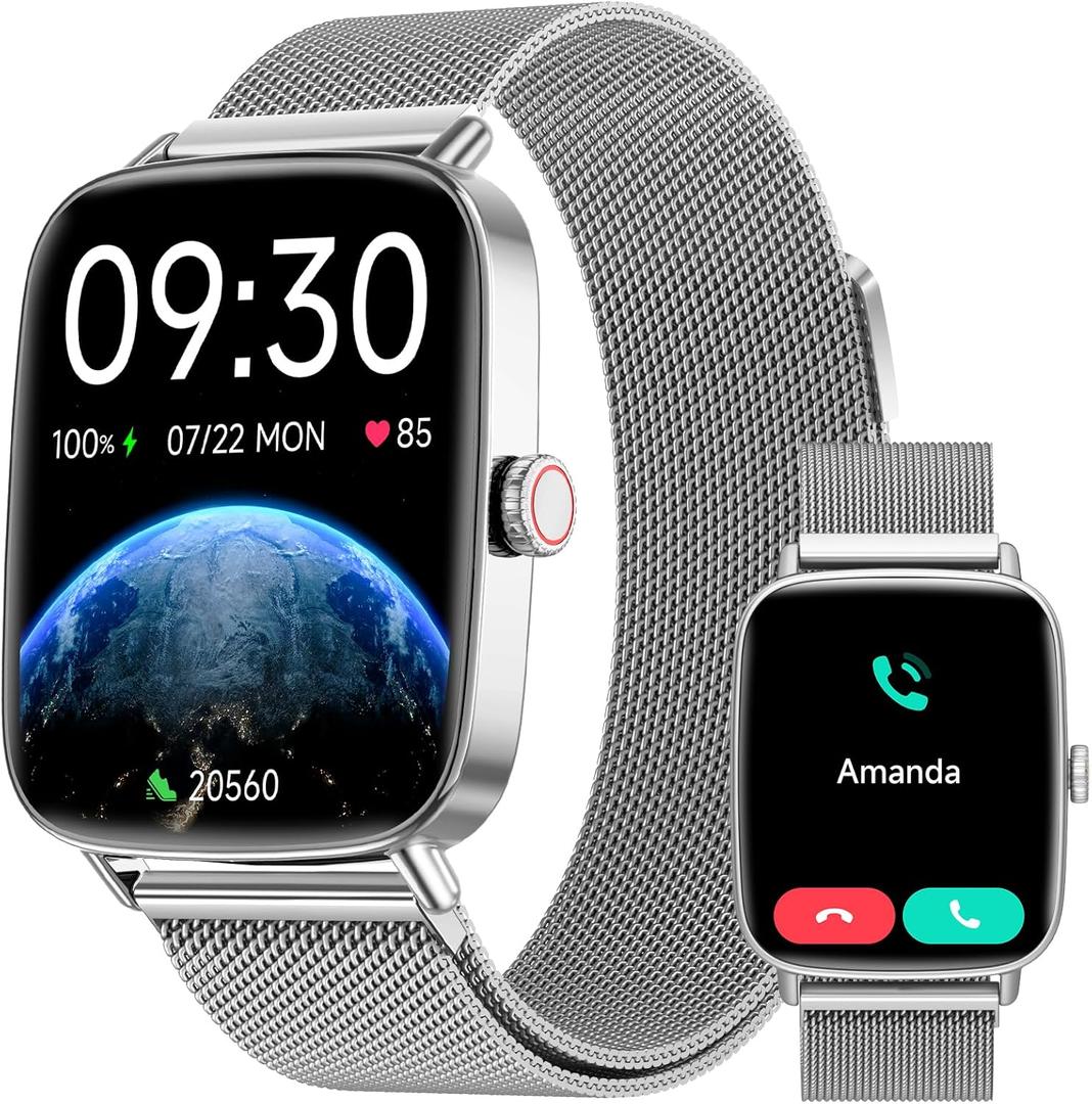 Smart Watch for Women Men, 2025 New Smartwatch (Answer/Make Call) for iPhone/Android, 1.85" HD Dynamic Dial Fitness Tracker with 110+ Sport Modes, Sleep/Health Monitor, IP68 Waterproof, Silver (Silver: Metal band)