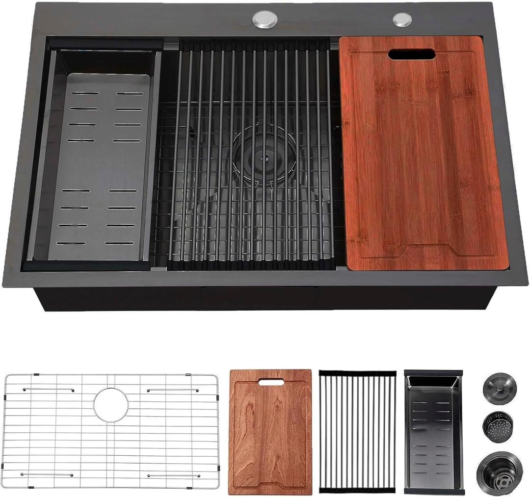 33x22 Inch Black Kitchen Sink Drop in - 33 Inch Gunmetal Handmade Topmount Workstation Sink 9 Inch Deep 16 Gauge Stainless Steel Single Bowl Sink with Accessories for Kitchen Laundry Utility, 33''X22''X9'' Workstation