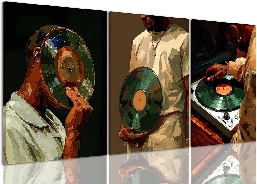 AOYUSMO 3 Piece African American Wall Art Black Men Wall Decor Fashion Music Pictures Record Canvas Art Music Studio Paintings Modern Trendy Artwork For Living Room Bedroom 16"x24", 16x24in