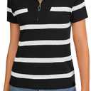 Vrtige Women's Quarter Zip Ribbed Knit Stripe Short Sleeve Sweater (L)
