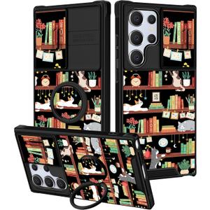 for Samsung Galaxy S25 Ultra Case - Women Girls Cute Phone Cover Pretty Aesthetic Unique Girly Cats Bookshelf Design with Camera Cover Ring Stand Funda for Samsung S25 Ultra Case, Bookshelf, Galaxy S25 Ultra