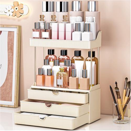 caktraie Bathroom Organizers and Storage - 3 Drawers 2 Tier Makeup Organizer, Cosmetic Storage Drawer for Dresser Countertop and Bathroom Vanity for Large Skincare, Perfume, Cream White