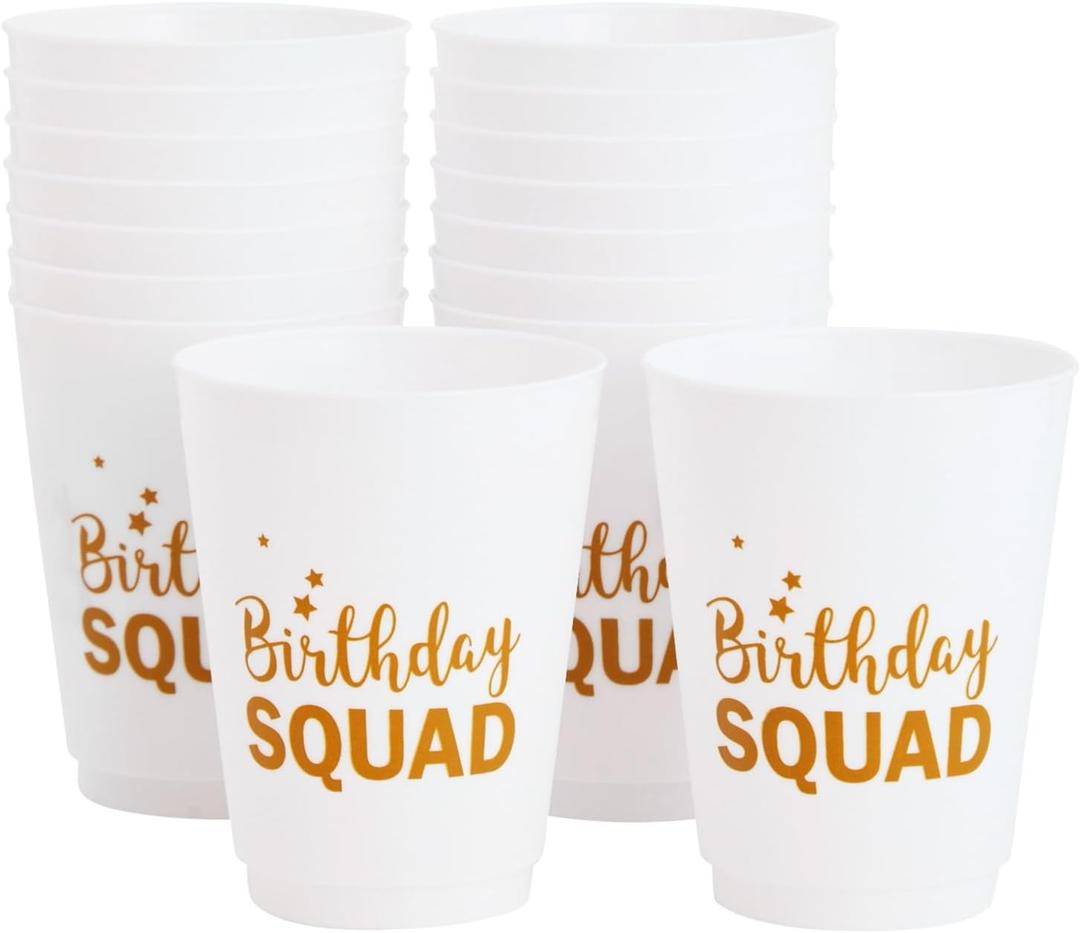 BLUE PANDA Birthday Cups for Women - White, 16 Oz, 16 Pack Reusable Plastic Tumblers - Birthday Crew Cups & Adult Party Favors for Girls Night