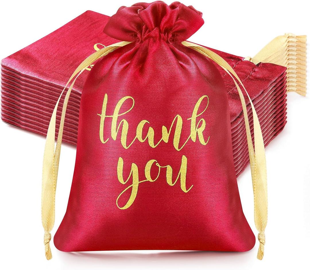 Sieral 50 Pcs Thank You Satin Gift Bags with Drawstring Jewelry Candy Pouches for Mother's Day Wedding Baby Shower Bridal Shower Birthday Party Thank You Bag for Gift Wrap(Red,5 x 7 Inch)