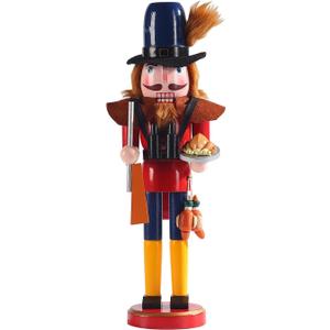 15-Inch Thanksgiving Nutcracker Figurine, Wooden Hunter with Turkey, Pumpkin Pie & Rifle, Handcrafted Festive Harvest and Christmas Decoration for Home, Tabletop or Fireplace