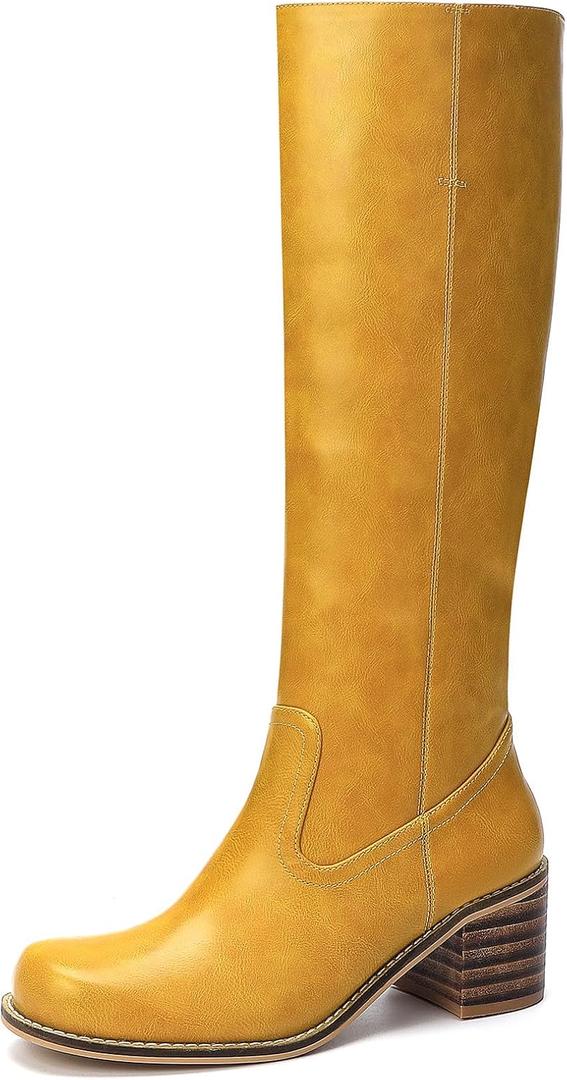 Knee High Boots Women Square Toe Chunky Block Long Boots Low Heel Tall Boots (8, Banana)