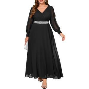 Pinup Fashion Women Plus Size Formal Dresses - Evening Gown Long Sleeve Chiffon Beading Maxi Dress (Black 1)