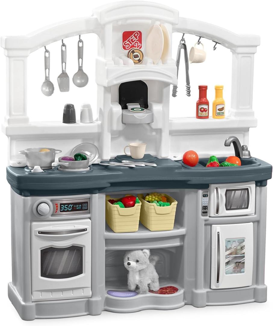 Step2 Fun with Friends Kids Kitchen Playset, Indoor/Outdoor Kitchenette with Lights & Sounds, Durable Plastic, 25-Piece Toy Accessories, Toddlers 2+ Years, Gray, 40.88" H x 35.75" W x 12.5" D