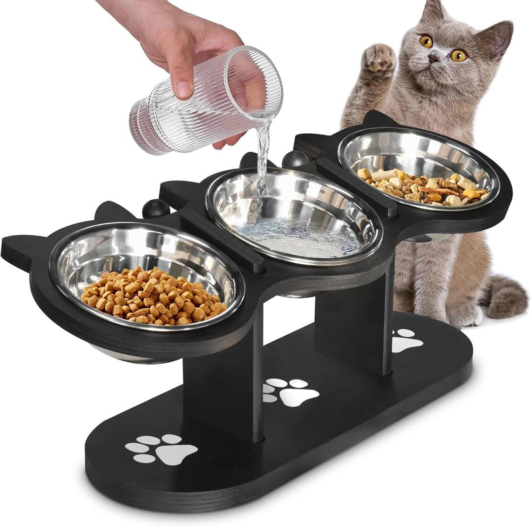 Raised Cat Food Bowls for Indoor Cats, Elevated Cat Bowls,Adjustable Heights Pet Bowl with Black Shelf,3 Stainless Steel Elevated Cat Bowls Stand with 15Tilted,Cat Food and Water Bowl Set