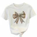 RoseSeek Women's Beaded Bowknot Graphic Tees Short Sleeve Crew Neck Summer Casual T-Shirts White Large