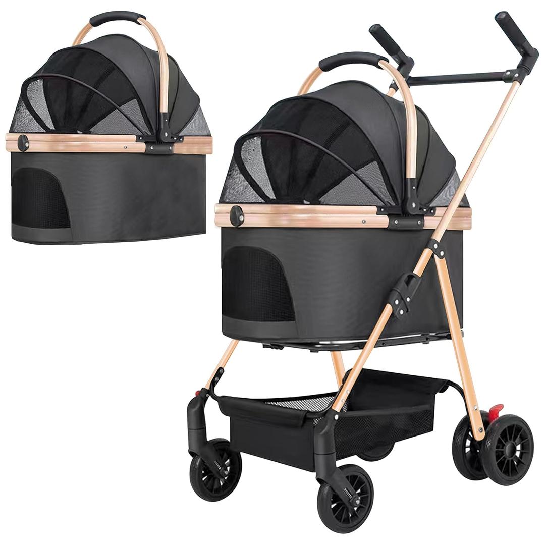 3 in 1 Folding Pet Stroller, Foldable Dog Jogger & Travel Carrier, Easy Lock NO-Zip Canopy, Detachable Carrier & Storage Basket for Small/Medium Dogs & Cats (Black, 44 lbs, 4 Wheels)