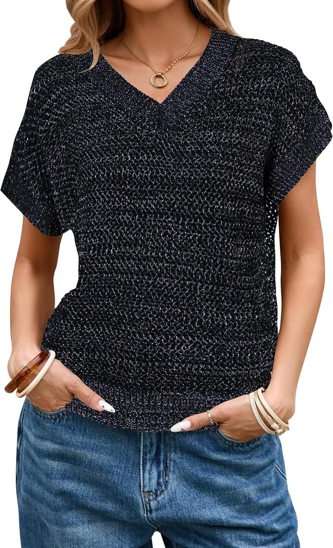 Cakulo Summer Crochet Tops for Women 2025 Short Sleeve V Neck Hollow Out Knit Beach Cover Up Casual Sweater Top (XL)