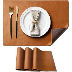 Placemats Set of 4, Brown & Coffee Reversible Faux Leather Place Mats, Dual-Side Matte Crazy Horse Texture, 2mm Waterproof Stainproof, Wipeable Washable Table Mats for Dining Kitchen 12x18 Inch
