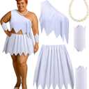Mepase Plus Size 5 Pack Cave Woman White Costume Set for Women, Prehistoric Retro Cosplay Outfit with Pebble Necklace, Classic Cartoon Style Halloween Party Dress, Vintage Animated Character Look (White)