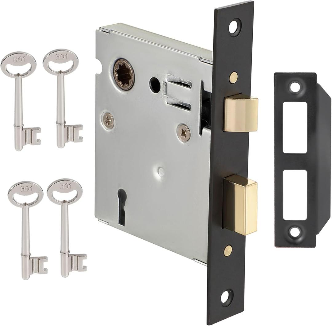 Mortise Lock Set - Interior Door Lock Replacement Kit, Reversible Latch, Skeleton Key, Antique Vintage Style, Matte Black Finish (1 Pack)