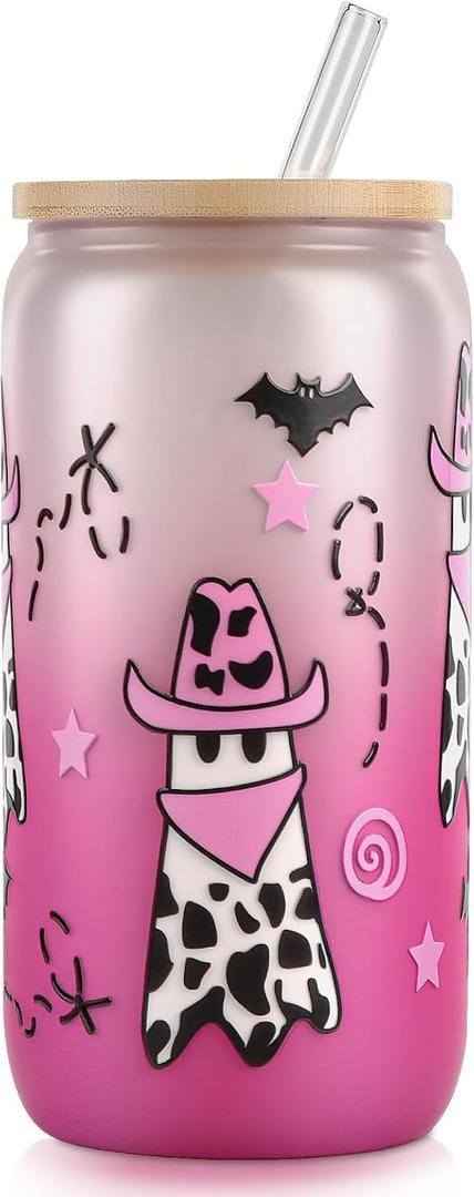 Cowboy Ghost Cup, Spooky Halloween Gifts for Women, Cute Western Cowgirl Tumbler, 16 oz Coffee Glass Cup with Lid & Straw (White-Pink)