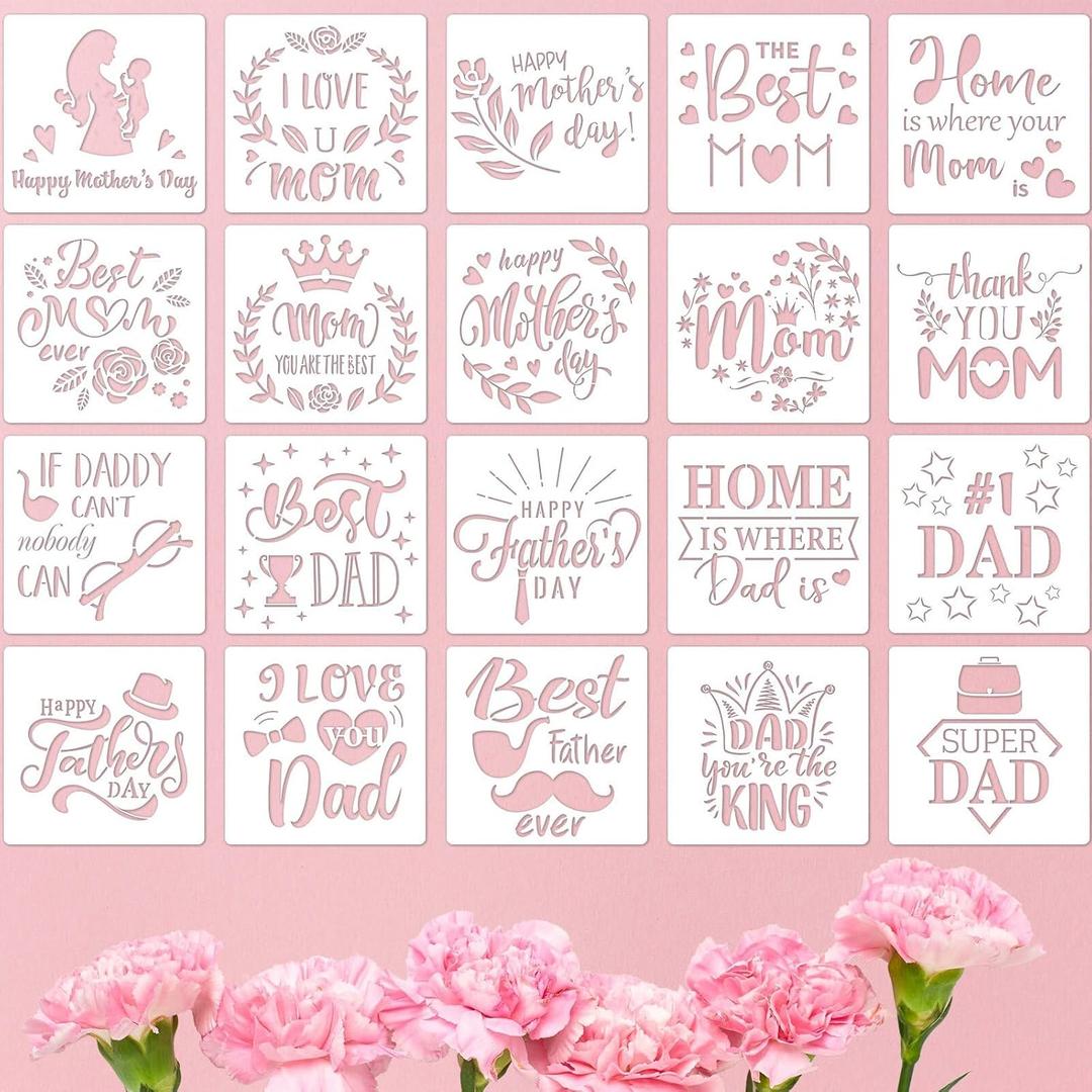 20 Pieces Happy Mother's Day Stencils Mothers Day Gift Father's Days Stencils 6 x 6 Inch Decorative Letter Painting Stencil Templates Reusable Stencil for Scrap DIY Crafts Booking for Home Decor