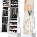 Nicetree 360Swivel Jewelry Cabinet, Rotatable Full Length Mirror with Jewelry Storage, Standing Jewelry Armoire Organizer, Lockable Jewelry Organizer with 3 Rear Shelves, Bottom Drawer, Pure White