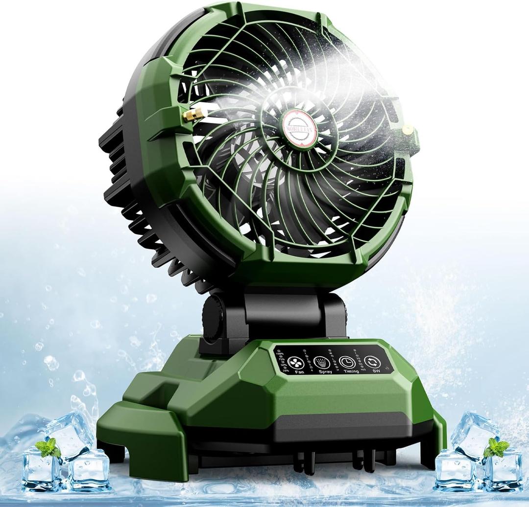 Lacoco Portable Misting Fan with 150 ° rotation, 30000mAh Rechargeable Battery Operated Fans, Outdoor Cooling Fan for Patio, BBQ, Worksite, Adjustable Base for 10-13in Bucket(No Bucket Included)