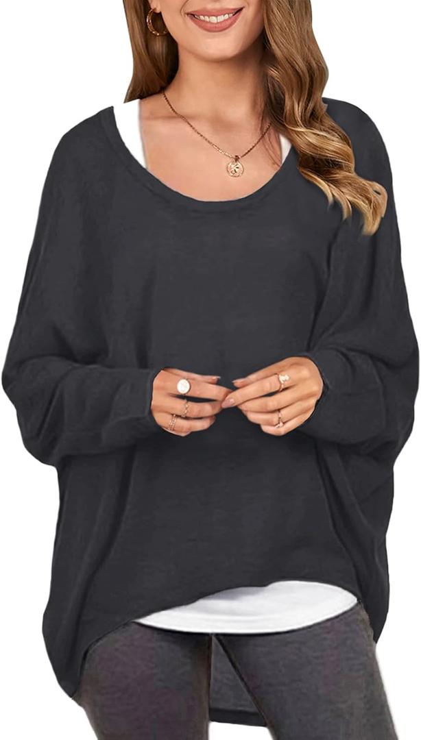 ZANZEA Women's Off The Shoulder Batwing Tops Casual Loose Oversized Tshirts Long Sleeve Fall Pullover Sweater Tops (Black, XXL)