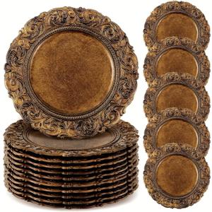 30 Pcs Antique Gold Charger Plates Bulk 13 Inch Embossed Rim Plastic Round Decorative Vintage Plates Charger for Dinner Wedding Party Event Table Setting Decoration (Classic)