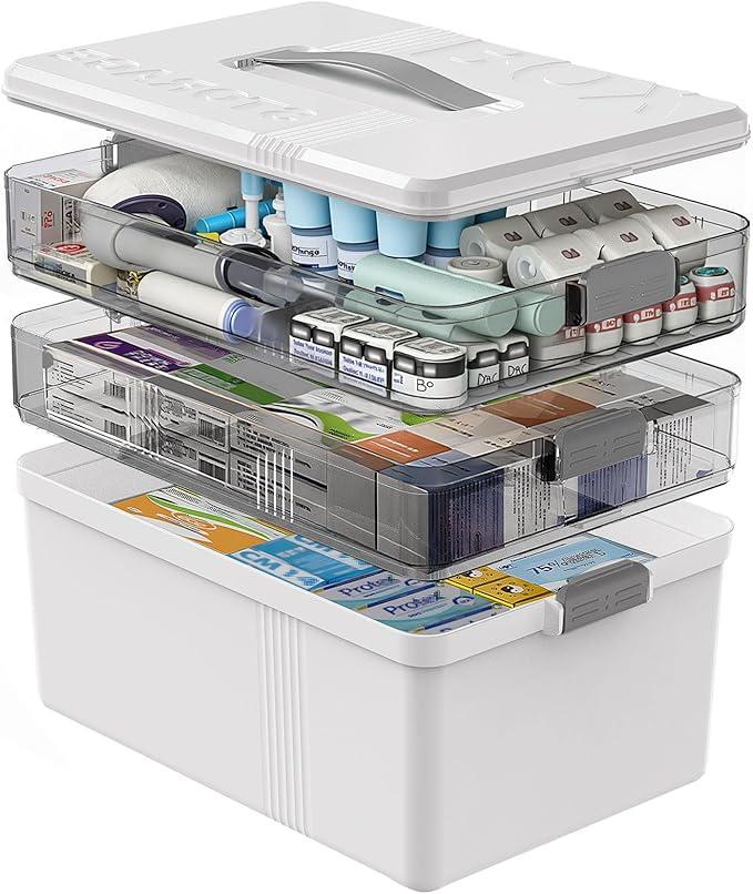 3 Tier Medicine Cabinet Organizer Large Capacity Medicine Organizer, Portable Medicine Box with Handle, Multipurpose Medical Box with Removable Tray, First Aid Boxes Empty, White