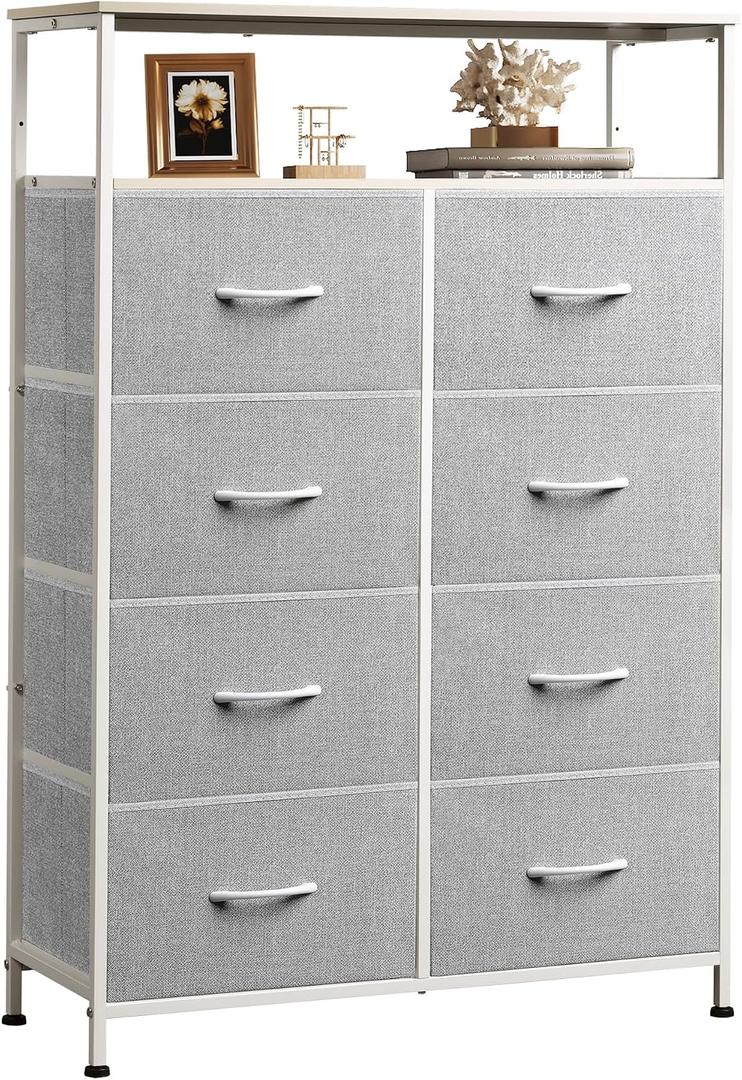 WLIVE Fabric Dresser for Bedroom with Open Shelves, Tall Dresser with 8 Drawers, Storage Tower with Fabric Bins, Chest of Drawers for Closet, Living Room, Hallway, Light Gray, Large