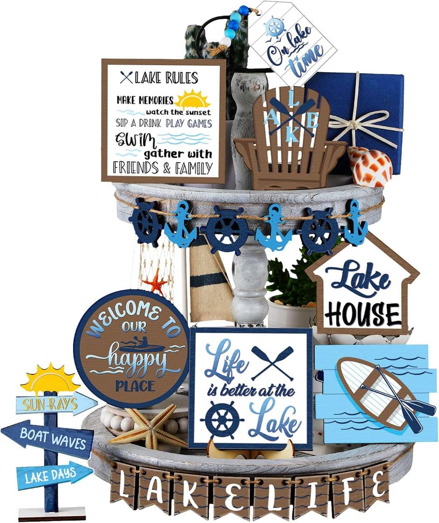 22 Pieces Summer Tiered Tray Decor Sets Farmhouse Hello Summer Wood Sign Rustic Beach Home Decor Summer Table Decorations Small Hawaiian Wooden Plaque for Shelf Kitchen Tabletop (Lake House Style)