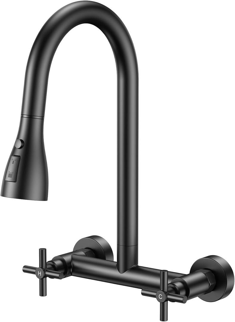 HURRAN Wall Mount Kitchen Faucet with Pull Down Sprayer, Matte Black