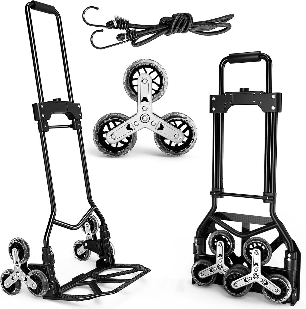 DIAMONDFORGE Stair Climbing Dolly, 220LBS Heavy Duty Stair Climbing Cart with Telescoping Handle, Portable Folding Aluminum Cart for Stairs, 6 Wheels & Rope for Home, Groceries, Black