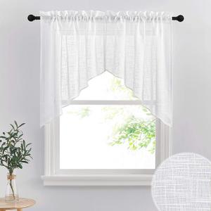 RYB HOME Short Kitchen Valances and Curtain Set, Privacy White Linen Swag Curtains, Semi Sheer Bathroom Tiers for Small Windows, 36 x 36 inch, 1 Pair