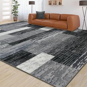 Large Area Rugs,Modern Geometric Patchwork Floor Decor for Bedroom Aesthetic Carpet, Rockwood Collection, Indoor Rugs for Living Room, Dining Room, Nursery, Office, Machine Washable Rug,9x12 Ft Grey