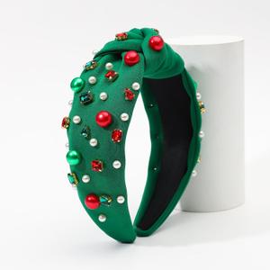 Feeldeal Jeweled Plaid Headband with Embellished Crystals and Pearls - Knotted Wide Top Knot Hair Accessory for Women, Holiday Outfits & Christmas Gifts Green