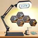 12X Square Magnifying Glass with Light and Stand with 144 LEDs Brightness, 5 Color Modes Hands Free Lighted Magnifying Glass, 10 Dimmable Brightness Magnifying Desk Lamp for Close Work Craft Reading