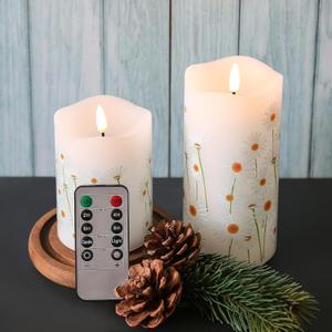 Eywamage White Floral Flameless Pillar Candles with Remote, Flickering Spring Daisy Battery LED Candles Set of 2