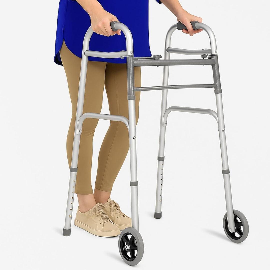 Vive Folding Walker for Seniors - Sturdy Steel Foldable Frame for Adults - Standard Walker with 5 Front Wheels and 2 Rear Ski Glides - Supports up to 300lbs, Adjustable Height