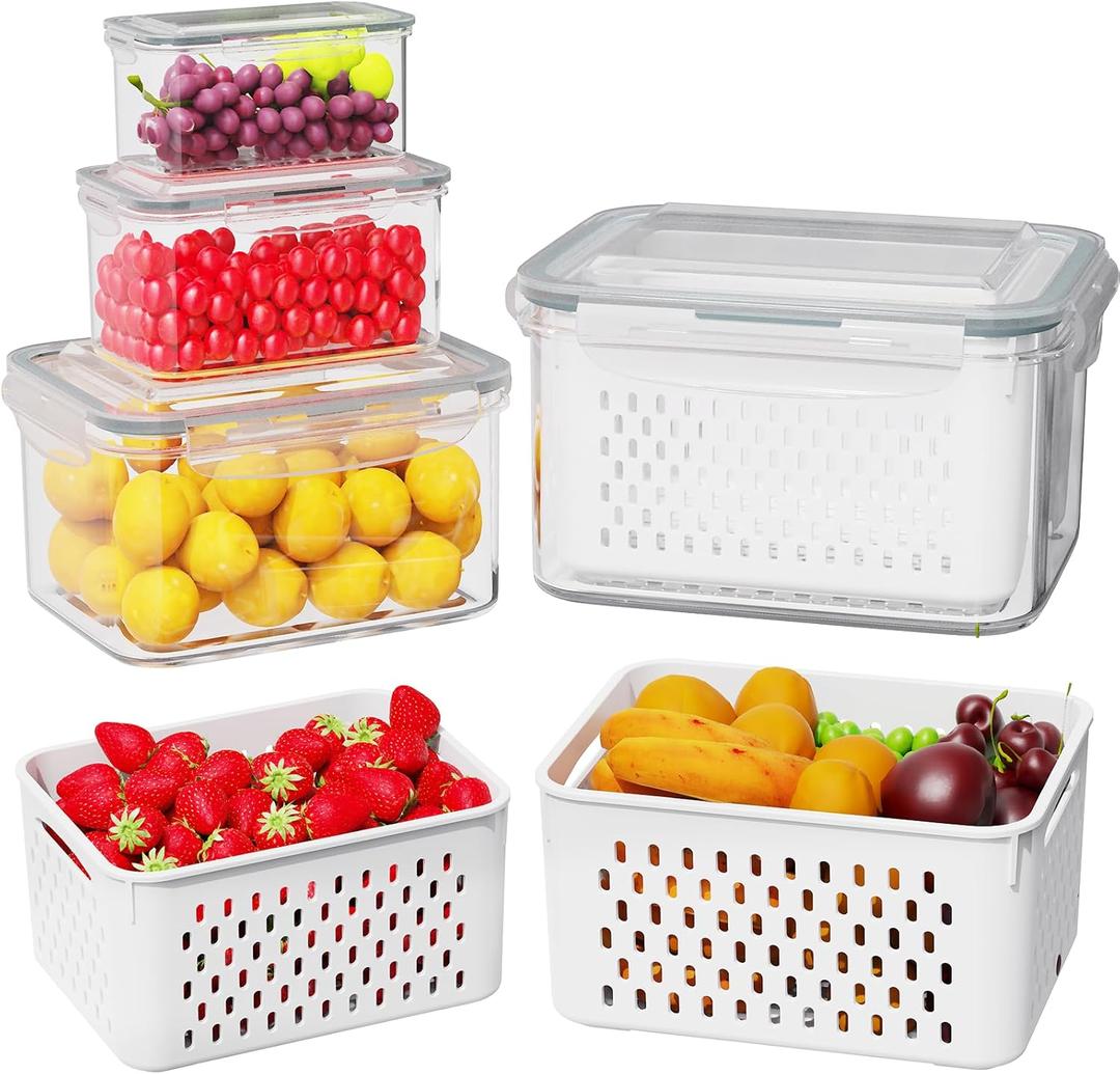 4 Pcs Fruit Storage Containers for Fridge (with Drain Basket) - Leak-Proof Food Containers, BPA-Free, Keep Fruits, Vegetables, Berries, and Meats Fresh for a Long Time, Dishwasher and Microwave Safe
