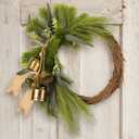 Soulchen 18 Inch Christmas Norfolk Pine Wreath with Vintage Bells and Ribbon Rustic Farmhouse Artificial Pine Greenery Decor for Front Door Xmas Winter Holiday Party Indoor Outdoor Windows Walls Decor