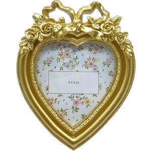 Aispama Cute Picture Frame with Heart Shape,HandCrafted Resin Vintage Ornate Style Picture Frames for Wall or Tabletop Display, Antique Gold 4x4 Inch Resin Photo Frame for Home Décor