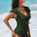 Sovoyontee Women's Ruffle One Piece Swimsuit Tummy Control Bathing Suits Drawstring Cutout V Neck Swimwear (S)