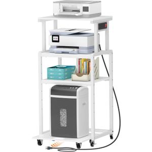 Lifewit 4 Tier Printer Stand with 3 Power Outlets, Wheels and Adjustable Storage Shelf for Home Office, Rolling Printer Cart for Shredder, Scanner, Fax, White