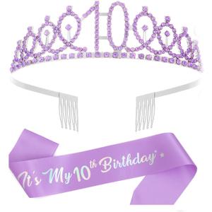 10th Birthday Decorations for Girls,Purple Headband & Glitter Sash Set for 10 Year Old Girl Birthday Decoration(Purple)