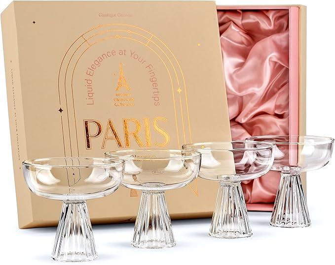 Paris Coupe Cocktail and Champagne Glasses for Daiquiri, Sidecar, Gimlet and Classic Bar Drinks | Modern Glassware Collection | Set of 4 | 8 oz Extra Light Contemporary Borosilicate Saucers